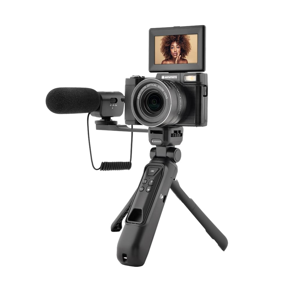 AgfaPhoto Realishot VLG-4K Kit Vlogging - Caméra 24MP, Vidéo 4K, Ecran LCD 3’’, Zoom Numérique 16X, Capteur CMOS, Batterie Lithium - Noir