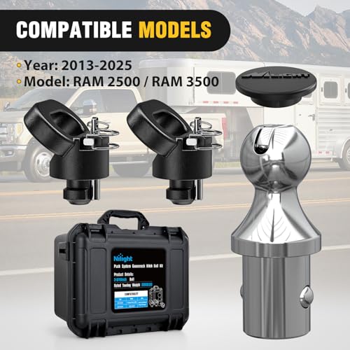 Image of Nilight 60618 Puck System Gooseneck Hitch Ball Kit, Compatible with 2013-2025 Dodge RAM 2500 3500, 2-5 /16 Inch Gooseneck Ball for Truck Bed with 2 Safety Chain Anchors w /Storage Box