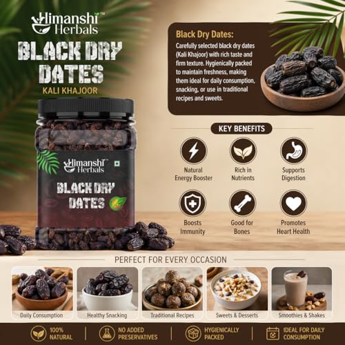 Image of HIMANSHI HERBALS Black Dry Dates 250g | Premium Sukha Khajoor (Chhuhara) | Dried Dates Kharak | Dry Fruit for Mithai, Prasad & Homemade Sweets | Jar Pack