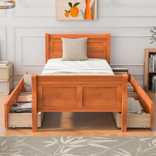 anwickjeff Twin Size Wood Storage Bed with 4 Drawers, Twin Bed Frame with Streamlined Headboard and Footboard for Kids Teens Adults, Wood Slat Support, No Box Spring Needed (Oak, Twin Size)