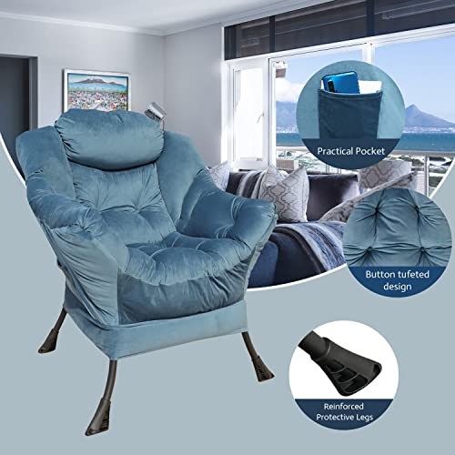 Goldsun Accent Chair Lazy Reclining Armchair With Removable Metal Legs And High-Density Foam, Comfy Velvet Fabric Upholstered Single Sofa Chair For Living Room, Bedroom, Office (Blue) #TOP1