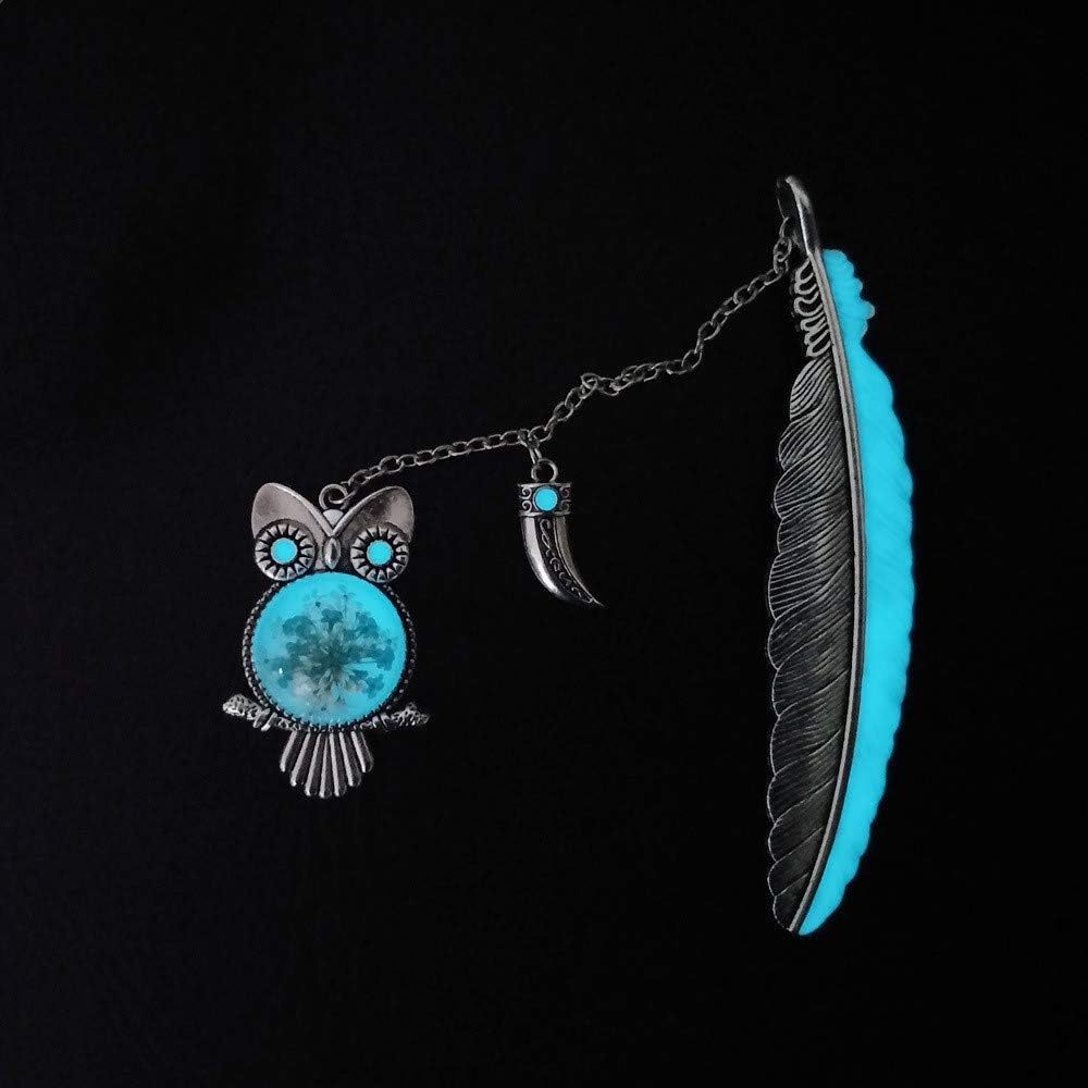 NineSoil Luminous Bookmark,3D Feather Metal owl Book Mark with Gift Box Glow in The Dark Bookmarks Gifts for Reading Lovers Men (Silvery Retro owl)