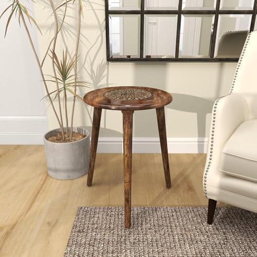 Image of WOOYNEX Wooden Table with Three Legs Modern Round Coffee Table and Side Table for Small Spaces with Pillar, Wood Books, Magazines, and Plant Stand for Living Room Entryway Table (Antic Burning)