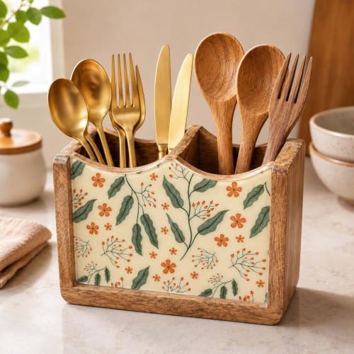 Image of The Earth Store Wooden Floriva Cutlery Holder 2 Division | 6 Inch White & Brown Cutlery Organizer | Spoon & Utensil Stand for Kitchen Counter, Dining Table & Table Top Storage