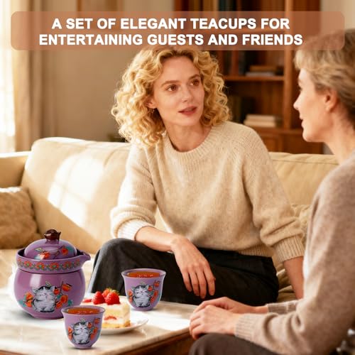 Mini Tea Cups,Cute Lucky Cat Cups,Small Tea Mugs,Porcelain Gongfu Tea set with 3 in 1,Tea Sets for Adults,Ceramic Tea Infuser Cup for Loose Leaf for Women/Tea Lovers/Birthday/Mother's Day (Purple) — view 3