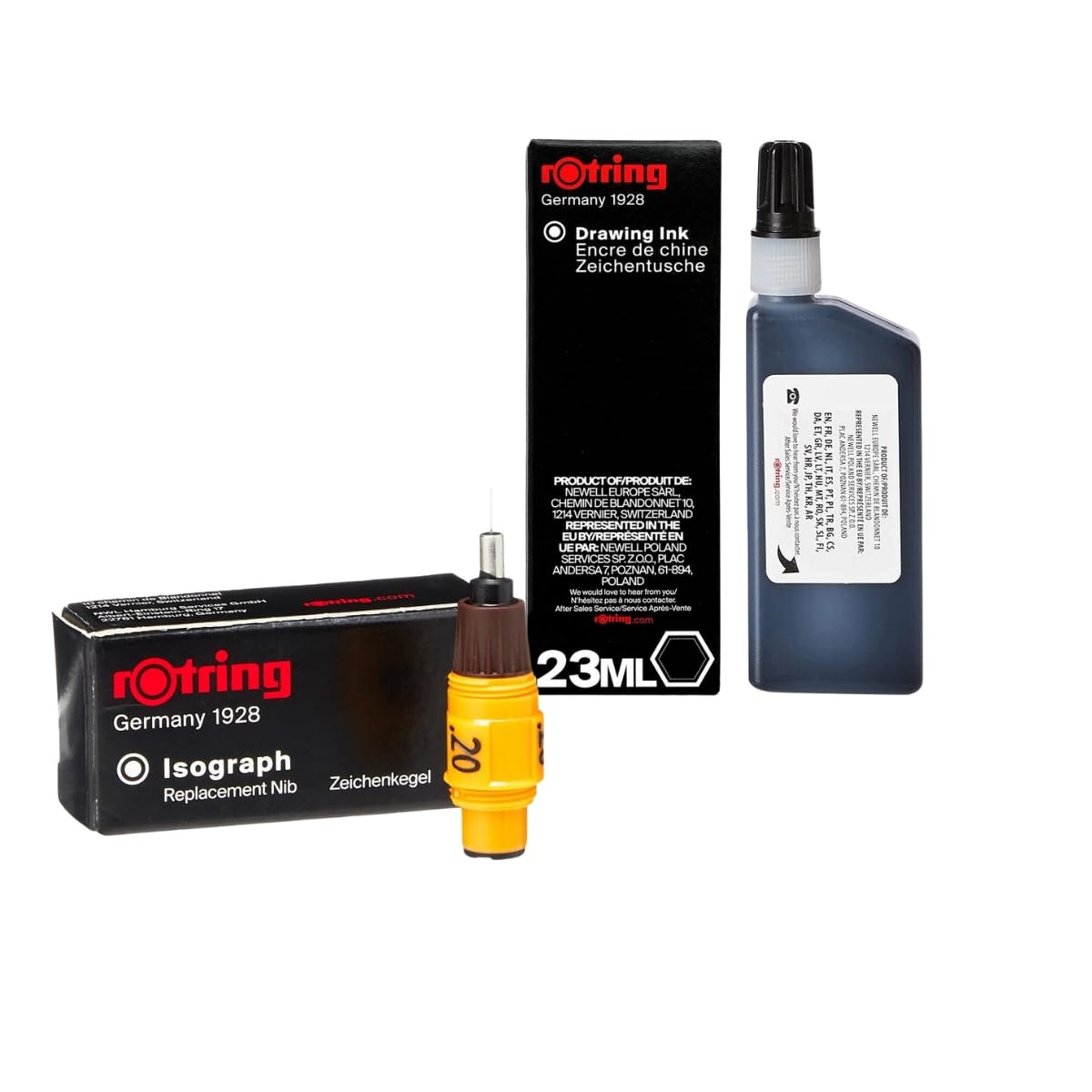 Rotring Isograph - Pennino di ricambio da 0,20 mm + flacone di inchiostro nero da 23 ml - Set di disegno tecnico per lavori di precisione su tavola da disegno, velina e carta da tracciamento