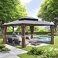 SEVOBAL 10 x 12 ft Hardtop Gazebo, Outdoor Aluminum Frame Permanent Pavilion, Sturdy Polycarbonate Double Roof Canopy with Curtains & Netting, Patio Gazebo Garden Tent for Garden, Lawns, Brown