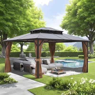 SEVOBAL 10 x 12 ft Hardtop Gazebo, Outdoor Aluminum Frame Permanent Pavilion, Sturdy Polycarbonate Double Roof Canopy with Curtains & Netting, Patio Gazebo Garden Tent for Garden, Lawns, Brown