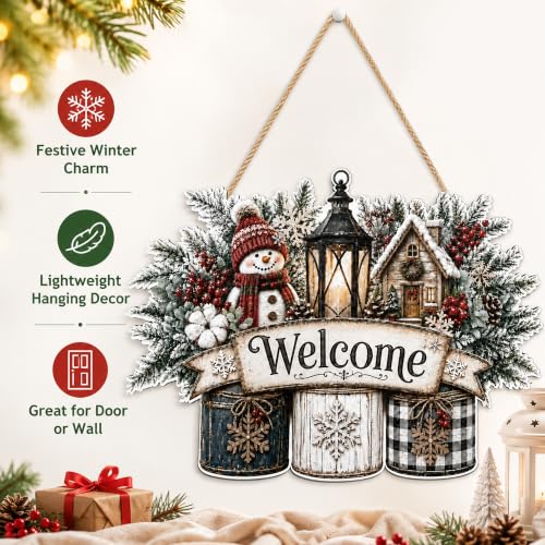 Image of Christmas Decorations - Winter Snowman Welcome Wooden Sign for Front Door