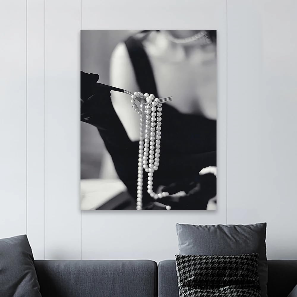 ZHUOYA Vintage Modny Plakat Czarno-Biały Vintage Perły Druki Luksusowa Moda Sztuka Ścienna Diamenty Płótno Malarstwo Wystrój (70 * 110X2 cm/ramka)