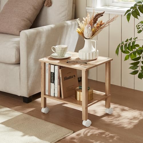 YUFAM 2 Tier Printer Stand with Storage,Under Desk Shelf Printer Table,Small Printer Stand with Wheels,Rolling Printer Cart for Office,Home,Wood Color
