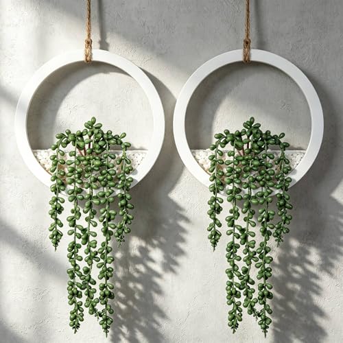 Boho Wall Decor, 2Pcs Fake Hanging Plants Artificial Succulents, Indoor Hanging Planter Greenery Decor, Perfect for Bathroom Living Room Bedroom Office Washroom, Faux Succulent Wall Floating Plants