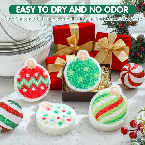 Image of Layhit 12 Pcs Christmas Dish Sponges Cute Kitchen Non Scratch Scrub Sink Sponges Wood Pulp Reusable Household Cleaning Cloth for Kitchen Dishes Furniture(Christmas Balls)