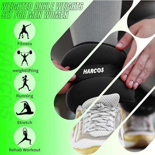 Image of Harcos Neoprene Ankle & Wrist Weights Adjustable Pair - 1lbs 2lbs 3lbs 4lbs 5lbs Weighted Cuffs for Legs & Arms | Gym, Home, Running, Exercise, Pilates, Physiotherapy, Strength Training (Black, 6Lbs (3 Lbs x 2))