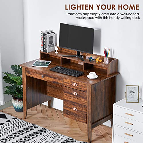 Computer Desk with 4 Drawers and Hutch Shelf, Executive Desk Home Office Desk Writing Sturdy PC Laptop Notebook Desk, Spacious Desktop Vintage Style Golden Cherry