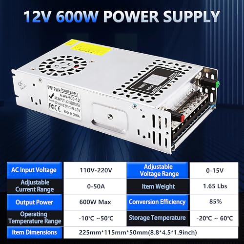 Adjustable Power Supply DC 0-12V 0-50A 600W with LED Display 12V Power Supply Variable AC to DC Converter 110V to 12V Designed for LED Light Car Stereo Electronics (12V-50A-600W, DC12V)3