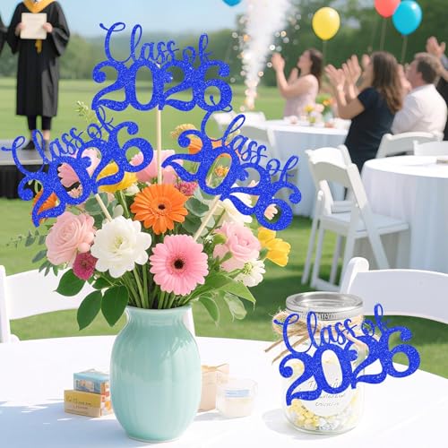 Image of Class of 2026 Decorations - 20 Pcs Blue Graduation Centerpieces for Tables, Double-Sided Blue Graduation Decorations 2026 with Grad Picks