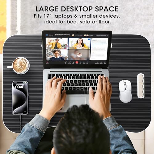 Image of Folding Lap Desk, 23.6 Inch Wood Laptop Bed Desk with Cup Holder, Portable Bed Table for Working Writing Reading & Eating for Bed, Sofa, Couch, Floor - Black