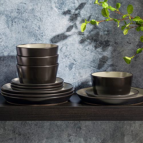 Image of Gibson Home Sofia Coupe 12-Piece Stoneware Dinnerware Set, Service for 4 - Grey Plates and Bowls