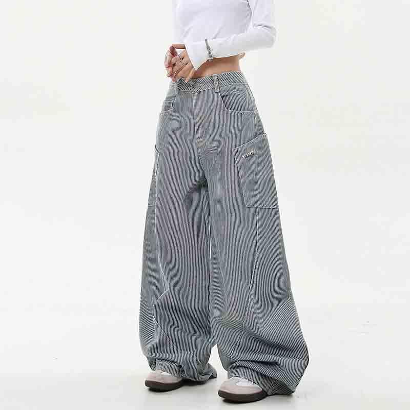 BXCNCKD Women's Retro Striped Jeans with Loose Wide Legs and Large Pockets Cargo Pants Y2K Curved Banana Jeans3