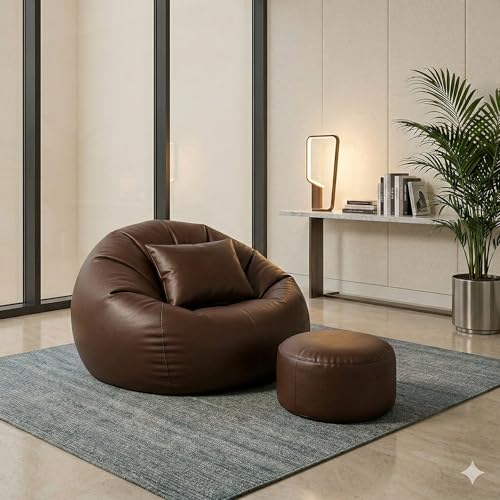 Image of IVIKA Bean Bag with Stool & Cushion | XXXXL Size Premium Leatherette Bean Bag for Gaming, Living Room & Bedroom (4XL - Brown)