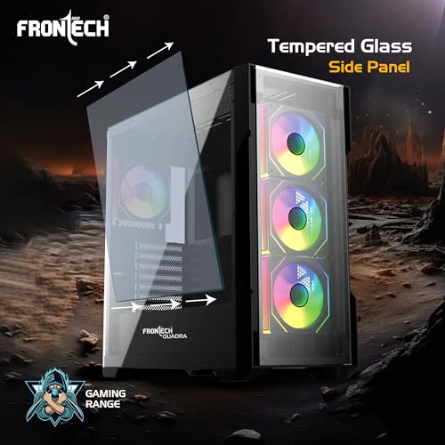Image of FRONTECH QUADRA Gaming Computer Cabinet |120mm ARGB Fans | Washable Dust Filter | Tempered Glass Side Panel | USB 3.0, USB 1.0, Type-C, HD Audio /Mic | ATX /MATX Motherboard Support (FT-4385)