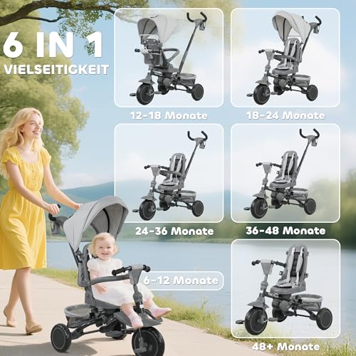 AIYAPLAY Dreirad 6in1 mit Schubstange für 1-5 Jahre Faltbar Kinderdreirad mit drehbarem Sitz, Korb, Tasche, Getränkehalter, klappbar Sonnendach, Sicherheitsgurt Grau