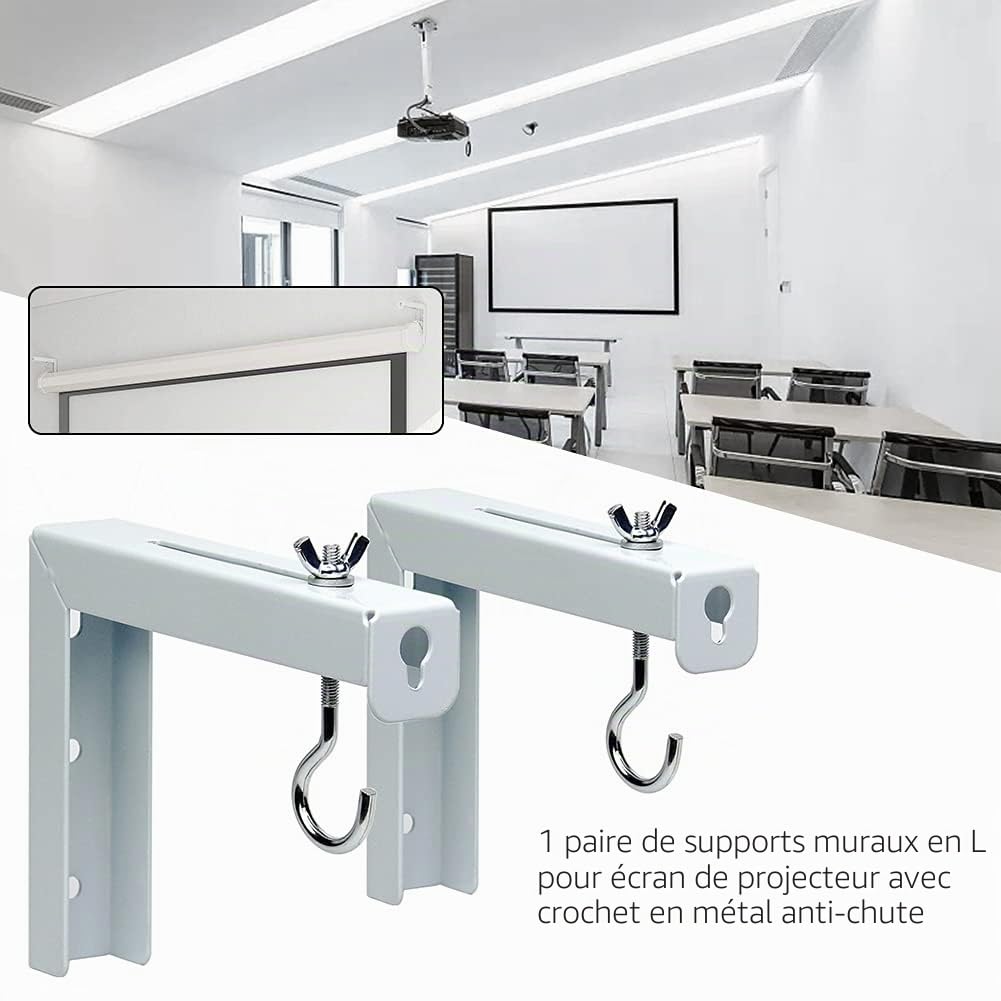 Support mural universel pour écran de projecteur, 1 paire de supports en L, kit de crochets de montage réglables (blanc)