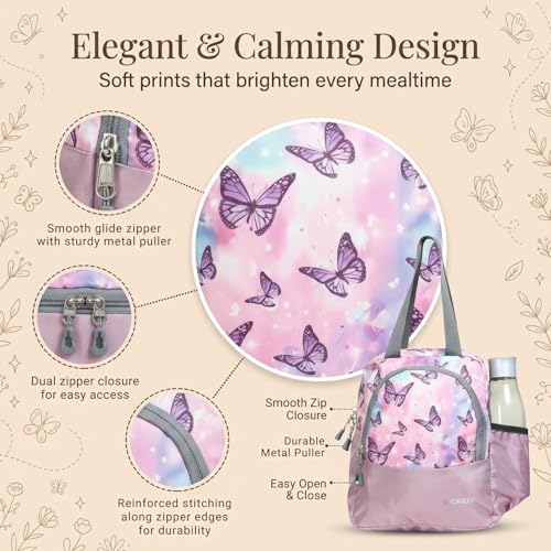 Image of ORBY Lunch Bag Butterfly Lavender | Water-Repellent Durable Fabric | Tiffin Bag with Bottle Holder & Front Pocket | Strong Zipper & Spacious Meal Storage (Butterfly Pattern, Lavender)