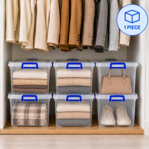 Image of Basicwise Clear Tote with Latching Lid - Stackable Plastic Organizer Bin, Durable Container for Home, Office, or Closet - Built-In Handles, Transparent Design, Modern Style, Large Capacity