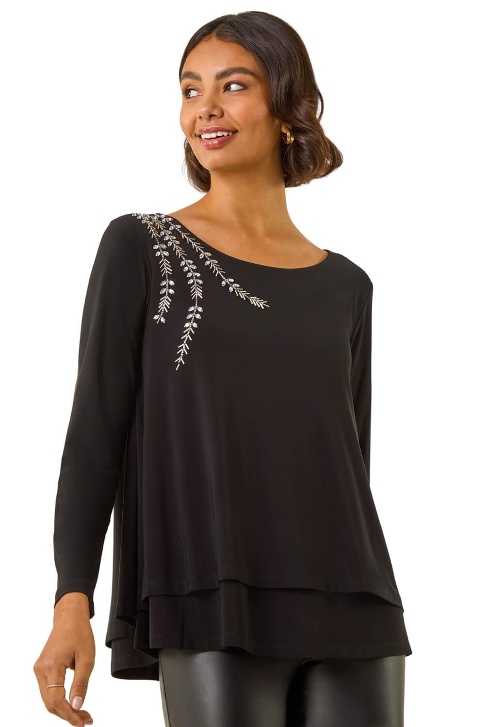 Roman Women's Black Embellished Double Layer Tunic Top