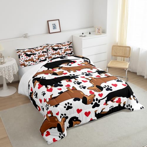 Image of Feelyou Dachshund Bedding Set for Girls Boys Kids Sausage Dog Comforter Lovely Red Love Hearts Animal Paw Comforter Set Room Decor Cute Pet Dog Duvet Set Full Size Bedspreads Coverlet Sets 3Pcs Boys