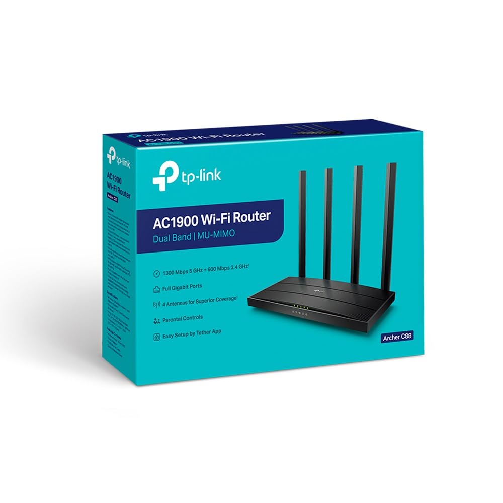 TP-Link Archer C88 - Router WiFi, AC1900, Doble Banda, Puertos Gigabit | Amplia Cobertura. Conexión Estable para Muchos Dispositivos. Compatible con EasyMesh. Control App Tether.