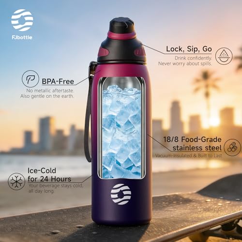 Image of Fjbottle Insulated Stainless Steel Water Bottle, 24 Oz Leakproof Water Bottles, Ice Reusable Tumbler, Double Wall Vacuum Jug, Lightweight Durable for Traveling & Sports, Workout, 24oz
