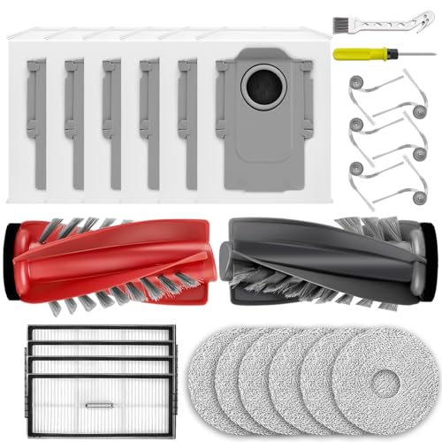 Image of 25 Pcs Saros 10R Accessories Kit Compatible with Roborock Saros 10R / Saros 20 / Qrevo CurvX Robot Vacuum,6 Activated Carbon Dust Bags,1 Set Main Brush, 4 HEPA Filters, 6 Mop Pads, 6 Side Brushes