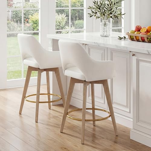 Image of Zesthouse Swivel Bar Stools Set of 2, Wooden Counter Height Barstools with Arm & Back, Upholstered PU Leather Counter Stools with Distressed Solid Wood Legs, High Chair for Kitchen Island, Cream White