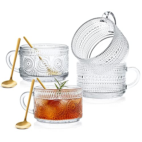 Vintage Glass Coffee Mugs Set of 4, Glass Cups with Spoons, 14oz Clear Embossed Drinking Glasses, Stackable Breakfast Cups