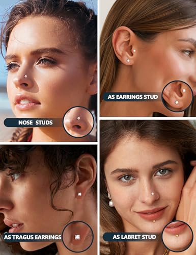 Florideco 14K Gold Filled Threadless Nose Studs for Women Hypoallergenic Surgical Steel Nose Rings Push In Flat back Nose Stud Labret Studs CZ Tragus Helix Piercing Jewelry 16G 18G 20G 5