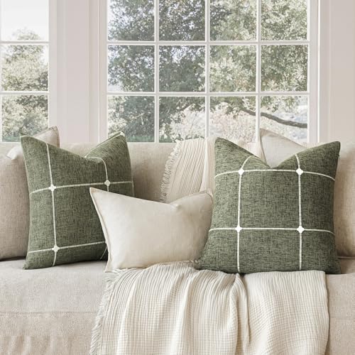 Image of Foindtower Pack of 2 Decorative Faux Linen Jacquard Check Throw Pillow Covers Farmhouse Cushion Cover with Grid Textured Accent Pillowcase for Couch Sofa Living Room Home Decor,18x18 Inch,Olive Green