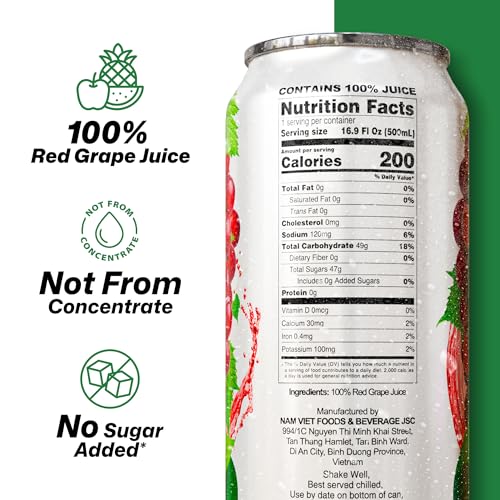 Image of VINUT 100% Red Grape Juice, No Added Sugar, Not From Concentrate, 16.9 fl oz (500 mL) Can, Pack of 12