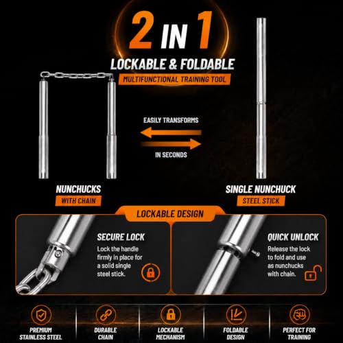 Image of VINEX Stainless Steel 2 in 1 Nunchaku with Lock - Professional Grade Foldable & Lockable Metal Nunchucks for Martial Arts Training, Ideal for Karate Practice (with Lock)