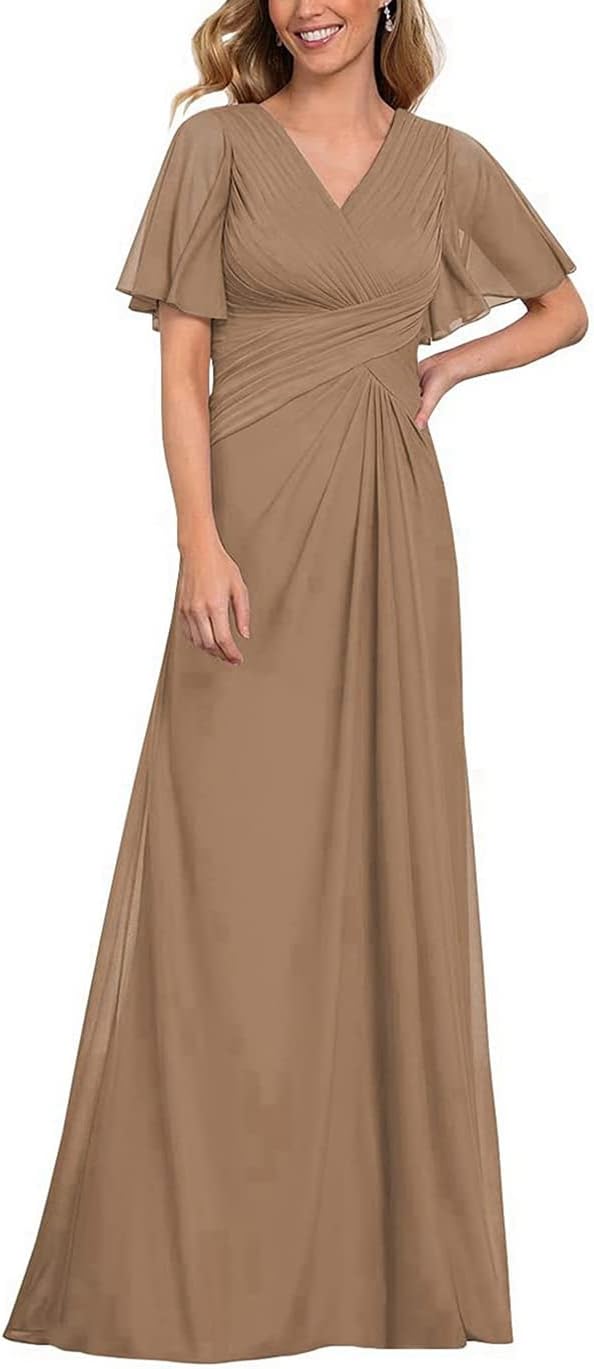 Mother of The Bride Dresses V Neck Ruffle Sleeves Ruched Pleated Chiffon Formal Evening Gowns Party Dress CA10