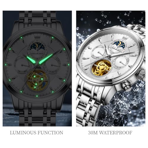 Image of OLEVS Men Automatic Skeleton Watch - Luxury Stainless Steel Calendar Moon Phase Mechanical Dress Wrist Watch with Luminous, Waterproof Self-Wind (Gold /Silver /Blue /Black)