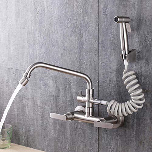 Grifo de cocina de pared con rotación 180 y manguera pulverizadora de doble salida