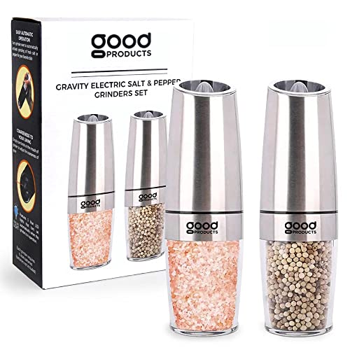 [Set Of 2] Automatic Gravity Electric Salt & Pepper Grinder Shaker Pepper Mill. Adjustable W/Stand, Battery Powered Led Light,One Hand Operation Salt And Pepper Grinder Set By Good Products #TOP1