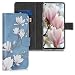 Produktbild kwmobile Hülle kompatibel mit LG K51S - Kunstleder Wallet Case mit Kartenfächern Stand Magnolien Taupe Weiß Blaugrau