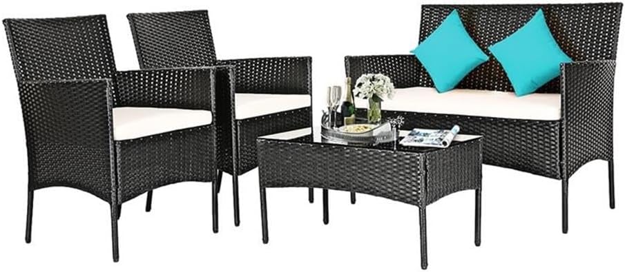 Pemberly Row 4-Piece Rattan Patio Furniture Set, Weather-Resistant Gray PE Rattan with Cushioned Seating, Includes 2 Chairs, Loveseat, Tempered Glass Table, Modern Outdoor Backyard/Garden/Balcony Use