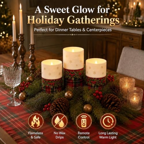 Image of Tujoe 3 Pcs Christmas Tartan Plaid Flameless Candles LED Pillar Candle