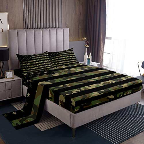 Army Camouflage Bed Sheet Set American Flag Bedding Set For Kids Boys Girls Teens Military Theme Decor Jungle Green Camo Usa Flag Fitted Sheet Independence Day Bed Cover Twin Size 3Pcs Bedding Sheet #TOP14