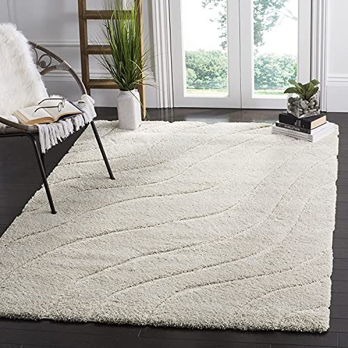 Image of Abstract Wavy Design Shaggy Rectangular Carpet For Living Room,Bedroom,High Low Design Finish Microfiber 1.8 Inch Pile High,8X10 Feet Cream|Cream Color
